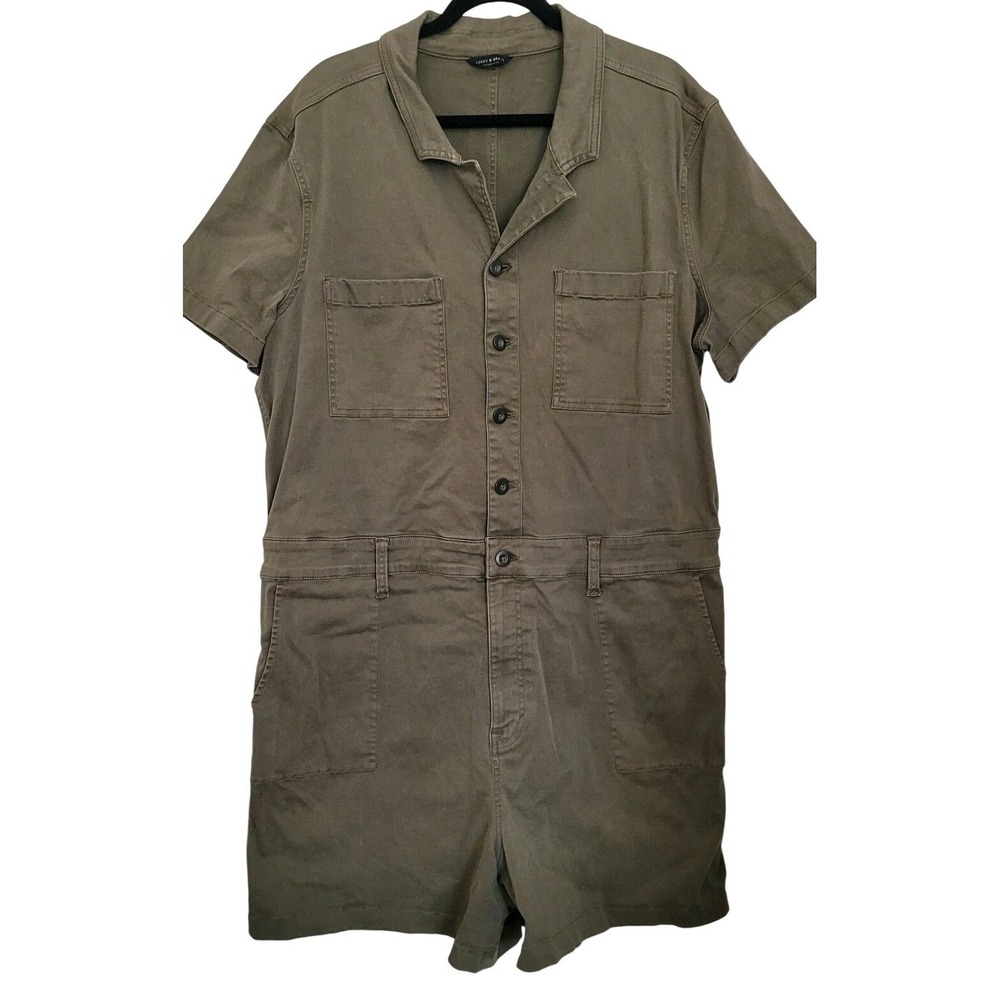Lucky Brand Women's Short Sleeve Button‎ Front Utility Romper Olive Cotton 1X